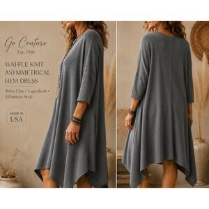 Go Couture Waffle Knit Asymmetrical Hem Midi Dress Gray Oversized Boho Lagenlook